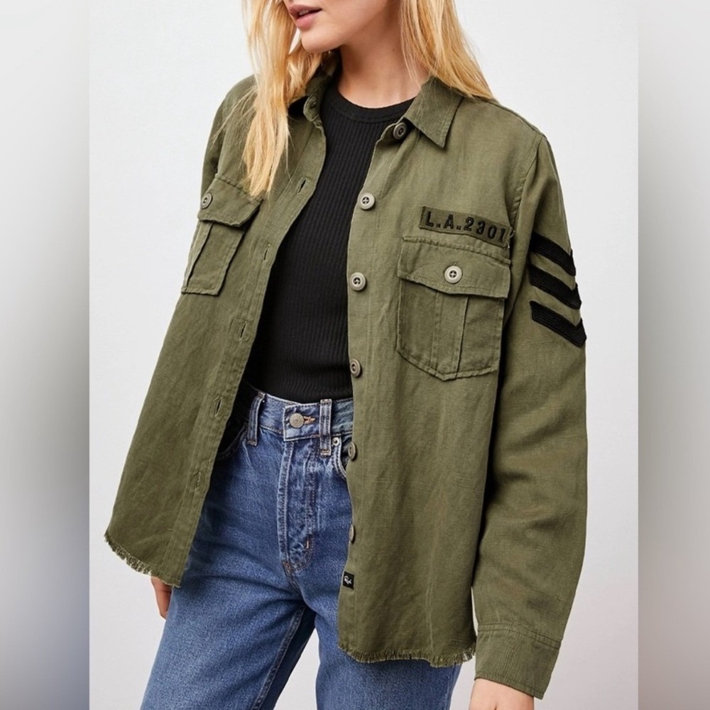Rails Loren Military Shirt Jacket Olive Green Embroidered Patch Frayed Hem Small - Picture 2 of 12